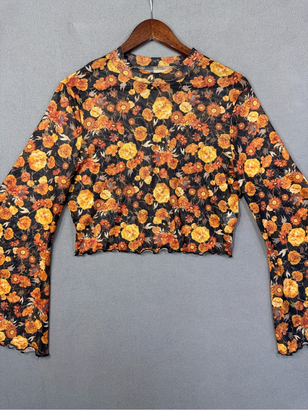 Boho Sheer Floral SheerLong Sleeve Crop Top Black with Orange Yellow Flowers, XL - Picture 2 of 14
